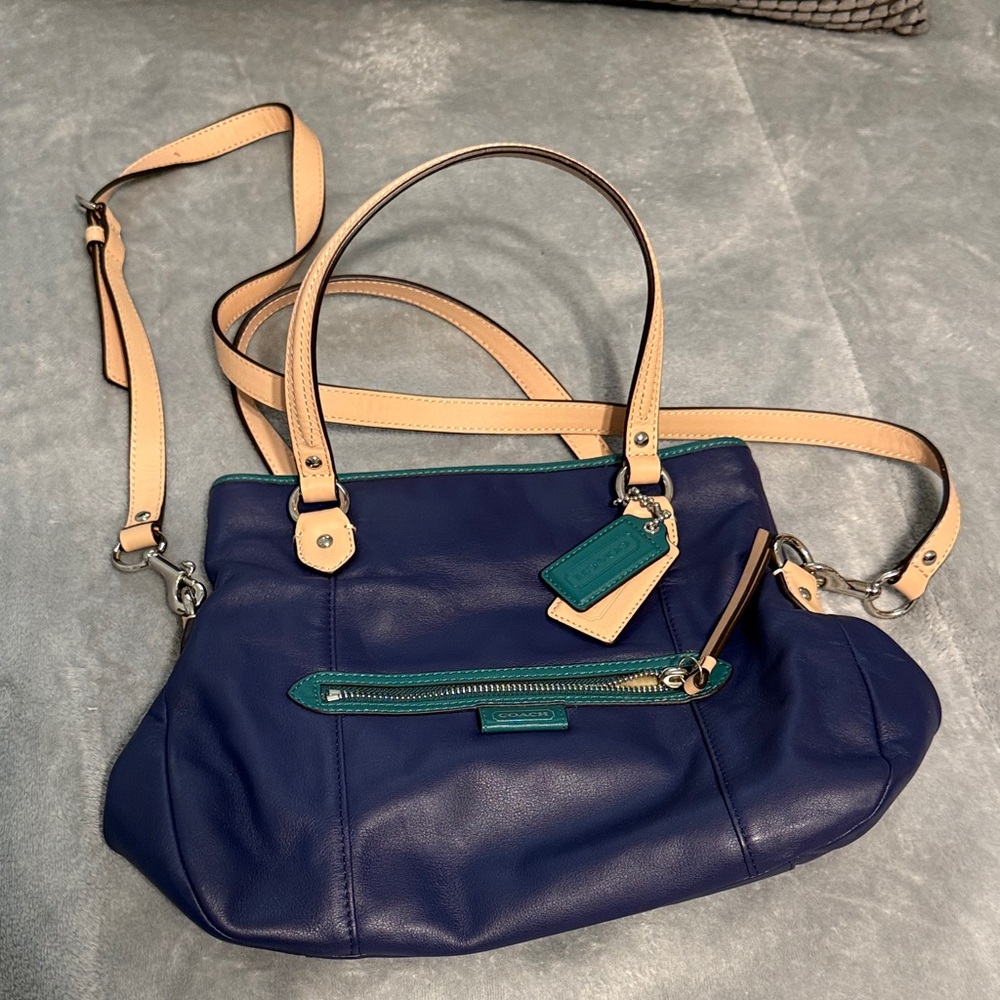 COACH Blue and Tan Leather Shoulder Bag